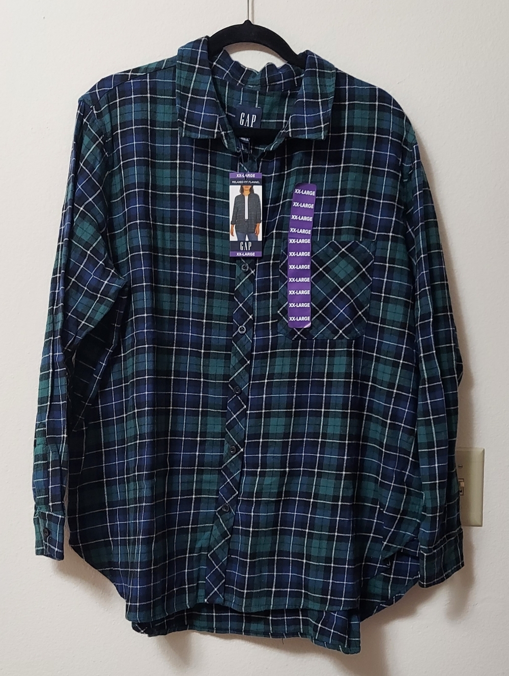 NWT GAP Blue & Green Plaid Long-Sleeve Button-Down Shirt Size XXL